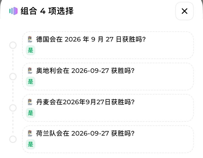 A Chinese-language betting interface titled '组合 4 项选择' showing four match prediction questions for September 27, 2026, asking whether Germany, Austria, Denmark, or the Netherlands will win.