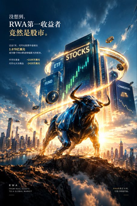 A promotional poster with Chinese text translating to 'Who would have thought, the first beneficiary of RWA is actually the stock market,' displaying imagery of stock skyscrapers, ETFs, funds, commodities, and a charging bull.