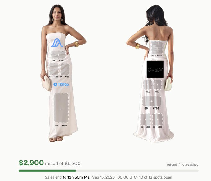 A crowdfunding campaign image showing two views of a model wearing a white strapless dress with advertiser logos (including "TipToe" and "ZVZZT") placed on the body, with a fundraising tracker at the bottom showing "$2,900 raised of $9,200" and a "ZVZZT" placement available for $1,200—visually representing the satirical "spot acquisition" mentioned in the caption about the meme token being advertised on the human body like advertising space.
