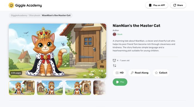 The image shows a Giggle Academy storybook page titled "NianNian's the Master Cat" by author "slurk," featuring an illustrated orange cat wearing a crown and royal cape, advertised as suitable for ages 4-7 with simple language. The "Gigglefund" mentioned in the post appears to relate to this educational platform, with "Giggle Academy" displayed as the header branding, possibly being referenced as a community token associated with the project CZ shared.