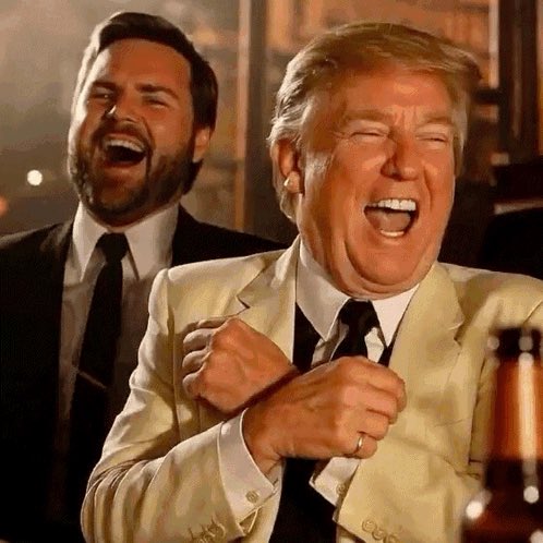 A laughing man in a cream suit clenches his fists, with another laughing man in a dark suit visible behind him; this appears to be an AI-generated or manipulated image.