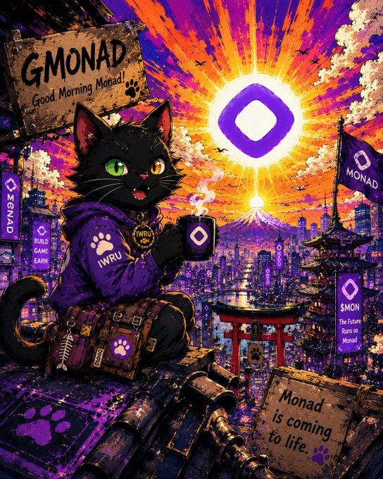 A vibrant illustration of a black cat in a purple hoodie holding a mug, with "GMONAD - Good Morning Monad!" on a wooden sign and text stating "Monad is coming to life," set against a purple sunset cityscape.