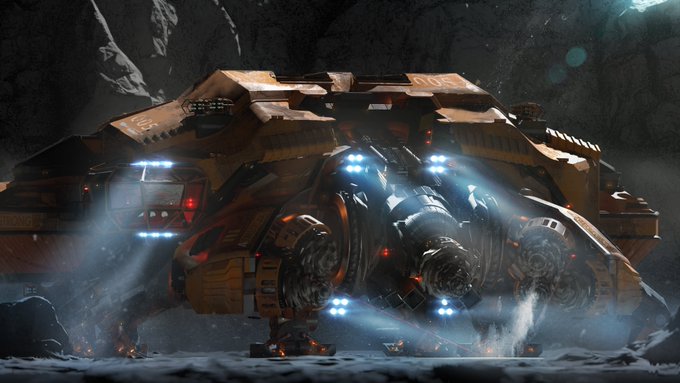 Digital concept art of a massive orange sci-fi industrial vehicle or spaceship with multiple thrusters emitting blue light and smoke in a rocky environment.