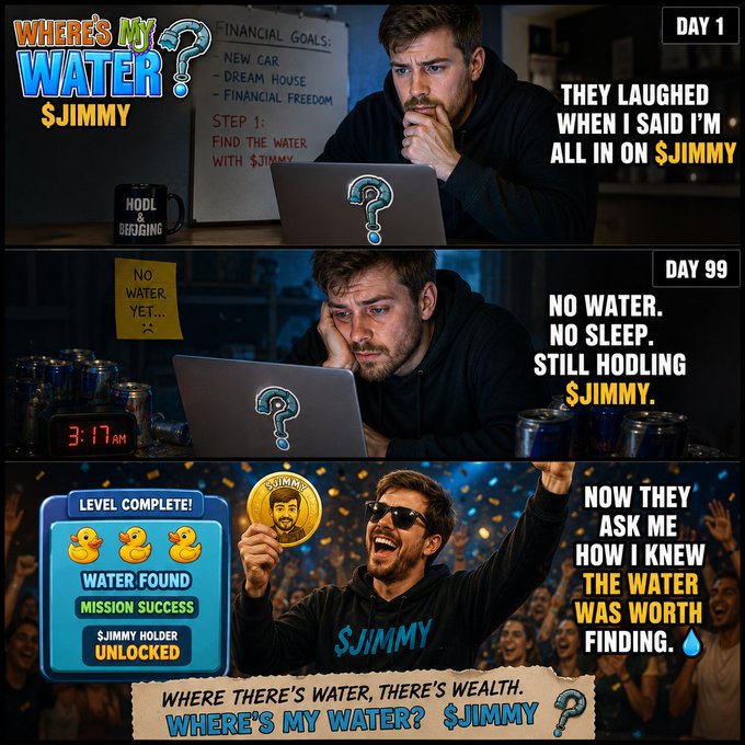 A three-panel meme showing MrBeast's "$JIMMY" journey from Day 1 ("Where's My Water?") to Day 99 ("No Water. No Sleep.") to a triumphant "Level Complete" celebration, with text promoting the "$JIMMY" token and "Where's My Water? $JIMMY" branding. The image visually reinforces the post's theme about early believers sticking with the search despite skepticism, ending with the triumphant payoff "Water Found, Mission Success."