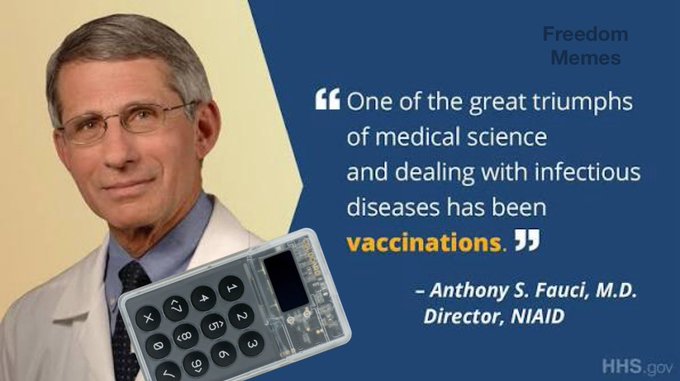 An image of Dr. Anthony S. Fauci, Director of NIAID, with a quote from HHS.gov that reads, 'One of the great triumphs of medical science and dealing with infectious diseases has been vaccinations.' A calculator with an exposed circuit board is superimposed at the bottom.