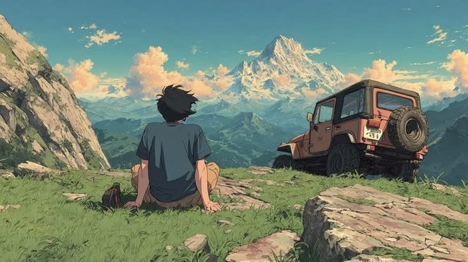 An anime-style illustration showing a boy sitting on a grassy cliffside, looking out toward a snowy mountain peak beside a parked orange off-road vehicle.