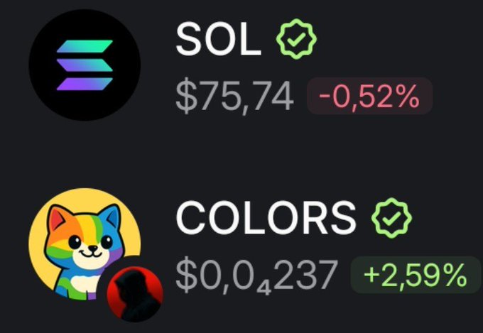 A cryptocurrency price display showing SOL at $75.74 (-0.52%) and COLORS at $0.04 (formatted as $0,0₄237) with a +2.59% increase.