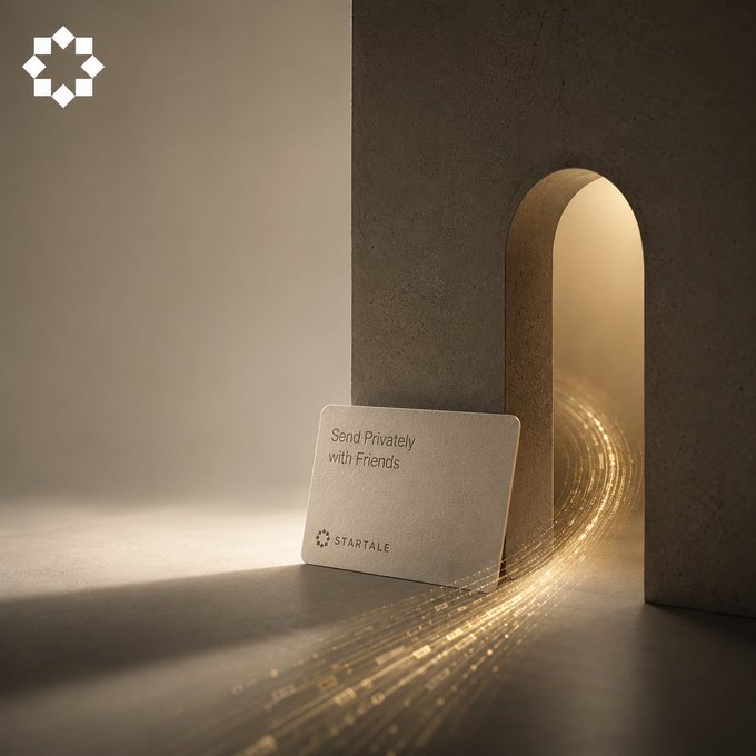 A minimalist promotional image for 'STARTALE' featuring a card reading 'Send Privately with Friends' beside an arched doorway with a flowing trail of golden light particles, set in a warm, neutral-toned architectural space.