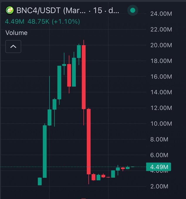 A candlestick chart for BNC4/USDT shows a sharp price spike peaking near 20M before crashing down to around 4.49M, reflecting the post's claim that the token rug-pulled after BSC hype. The current price sits at 4.49M with a modest +1.10% daily gain of 48.75K, far below the recent peak where FOMO buyers are now trapped.