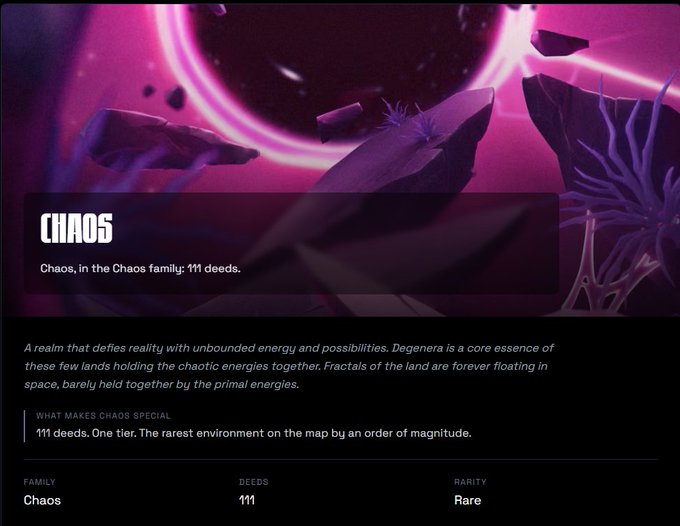 A webpage describing 'CHAOS' as a rare environment in the Chaos family with 111 deeds, featuring purple and pink cosmic imagery.