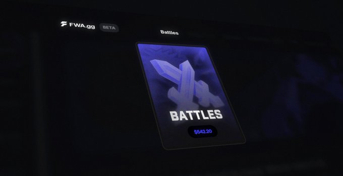 A dark mobile app screen displaying a glowing purple crystal illustration with the text 'BATTLES' and a 'SOLO 20' button, with 'FWA-99 BETA' and 'Battles' visible at the top.