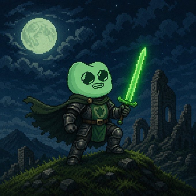 Pixel art of a cute green-headed knight in dark armor holding a glowing green sword, standing on a grassy hill under a full moon with castle ruins in the background.