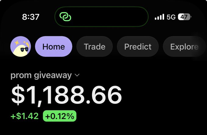A mobile screenshot displays a crypto portfolio labeled "prom giveaway" with a balance of $1,188.66 (up +$1.42, +0.12%), showing navigation tabs for Home, Trade, Predict, and Explore—directly representing the giveaway wallet referenced in the post promising to "feed" followers.