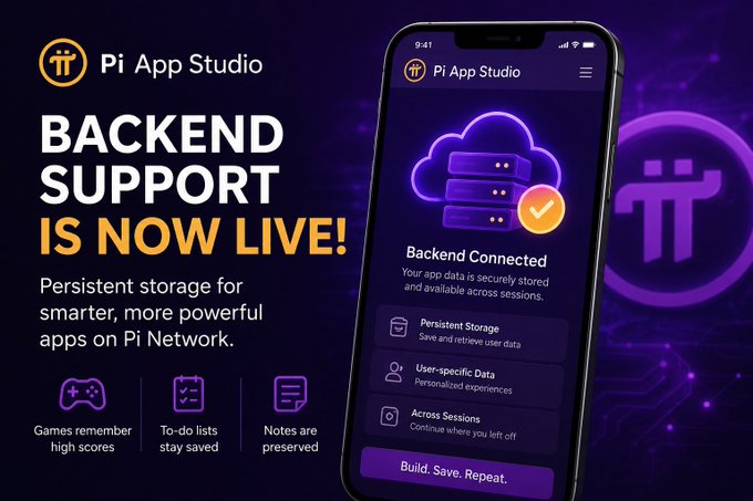 Promotional graphic announcing "Pi App Studio: Backend Support is Now Live!" with the tagline "Persistent storage for smarter, more powerful apps on Pi Network," featuring a smartphone mockup displaying the app interface with sections for Persistent Storage, User-specific Data, and Across Sessions, alongside icons highlighting that games remember high scores, to-do lists stay saved, and notes are preserved.