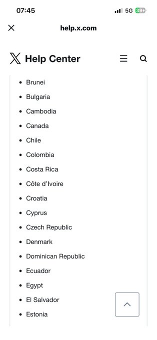A mobile screenshot of the help.x.com Help Center page showing an alphabetical list of countries starting with 'B', including Brunei, Bulgaria, Cambodia, and Canada.