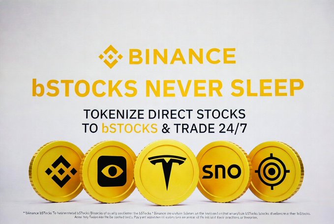A Binance promotional image featuring the text 'bSTOCKS NEVER SLEEP' and 'TOKENIZE DIRECT STOCKS TO bSTOCKS & TRADE 24/7', with gold coins displaying logos for Binance, Apple, Tesla, and SNO.