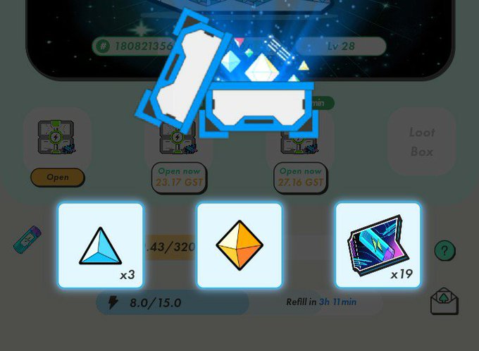 A mobile game interface showing a level screen with loot boxes and resources, including a 3D rendered ticket and box graphic overlaid on top.