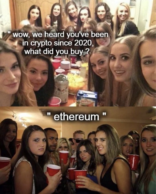 A meme showing two photos of party-goers; the top caption reads 'wow, we heard you've been in crypto since 2020, what did you buy?' and the bottom reply says 'ethereum', with the crowd reacting with surprised expressions.