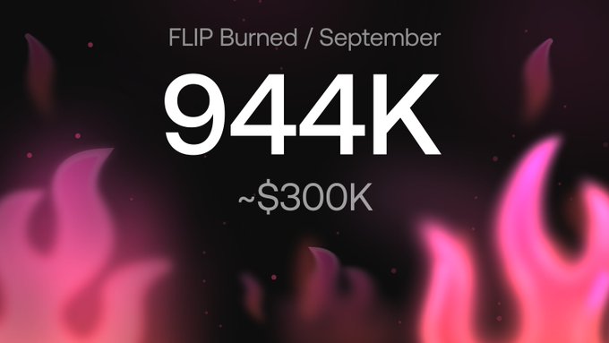 A graphic displaying 'FLIP Burned / September', '944K', and '~$300K' against a black background with pink flames at the bottom.