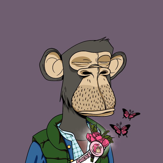 A cartoon NFT-style illustration of a bored-looking chimpanzee wearing a green vest and plaid shirt, holding pink roses, with butterflies and a badge reading 'SWIRKE'.