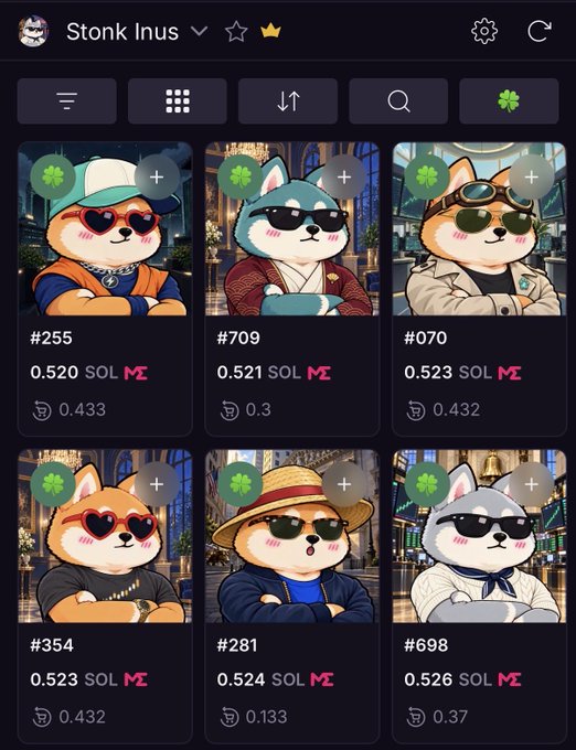 A mobile interface for the "Stonk lnus" NFT collection displaying cartoon dog characters with prices in SOL ranging from 0.520 to 0.526.