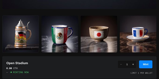 The image features four different types of mugs displayed side by side against each other. The mugs are arranged from left to right with one being larger than the others, showcasing a variety of sizes and designs. The background of the image is black, which contrasts nicely with the colorful mugs. The text "OpenSea Free FIFA NFT on Base" indicates that there's an open-source NFT available for minting, while "Limited-time A free FIFA-themed NFT is now available to mint on @base". This post seems to be promoting a collection of mugs and their associated NFTs.