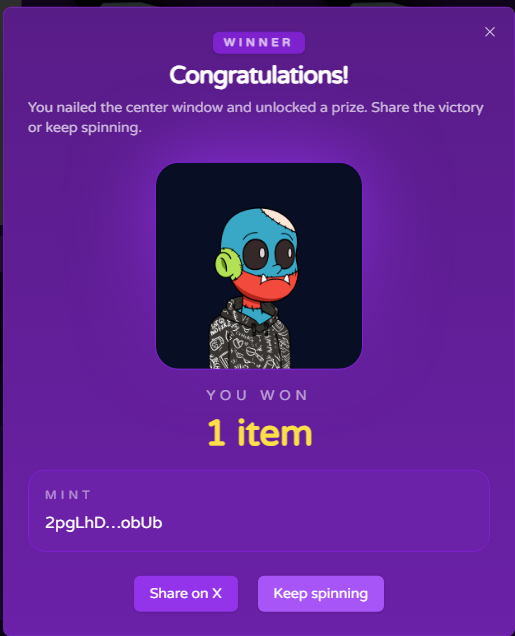 A purple 'WINNER' notification screen displays a cartoon character with fangs and headphones, stating 'Congratulations! You nailed the center window and unlocked a prize' and 'YOU WON 1 item' with a 'MINT 2pgLhD...obUb' identifier.