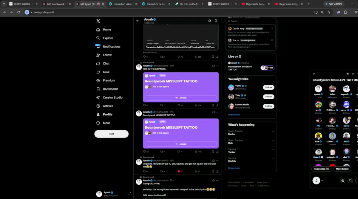The image shows a computer screen displaying a social media update for the bounty work account "AnOTHER LIFE CHANGED BY PUMPFUN", which is described as follows. The post includes multiple comments, with one of them being about the creator's old tattoo. Furthermore, there are some emojis and gifs in the image that contribute to the overall visual content.

The update seems to focus on a different life changed by pumping up someone's tattoos for $100,000. This is likely to be related to another post on the bounty work account, as indicated by the caption "bountywork" found above the image. The screenshot also includes a button with an icon that says "PumpFun", which may relate to an event or milestone within the bounty work platform.