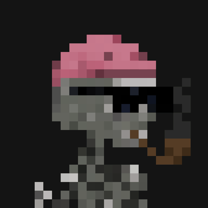 A pixel art sprite of a character with a pink hat and dark armor/weapon on a black background.