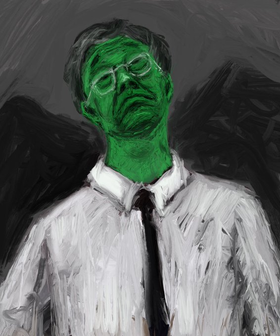 An expressive painted portrait of a person with a bright green face wearing a white shirt and dark tie, featuring dark wings in the background.