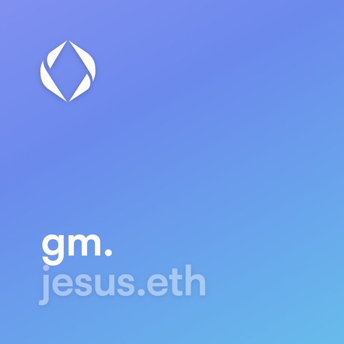 A digital graphic with a blue gradient background displays the Ethereum logo and the text 'gm. jesus.eth'.