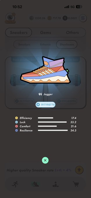 A mobile game screenshot showing a 'Jogger' sneaker NFT with stats for Efficiency, Luck, Comfort, and Resilience, alongside options for Sneakers, Gems, and Shopboxes.