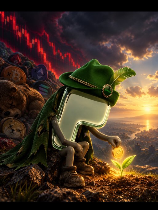 A digital illustration of a mascot character with a transparent square head, wearing a green hat with a feather, sitting among rocks with cryptocurrency symbols, planting a coin into a glowing sprout under a sunset sky with red downward price indicators.