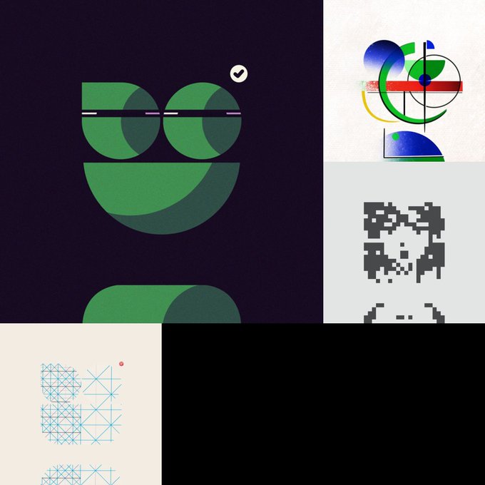 A collage of four graphic design illustrations including a green geometric face on a dark purple background, a colorful abstract composition with overlapping shapes, a pixelated QR-code style skull, and a geometric line drawing of a pig on a cream background.