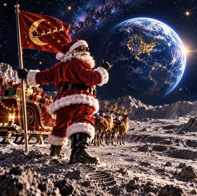 A digital artwork of Santa Claus standing on the moon holding a red flag with a sleigh and reindeer design, with Earth visible in the background.