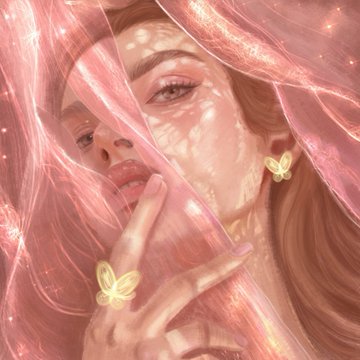 A pink-toned artistic portrait features a woman partially obscured by translucent pink fabric, with delicate butterflies and soft light creating a dreamy atmosphere.