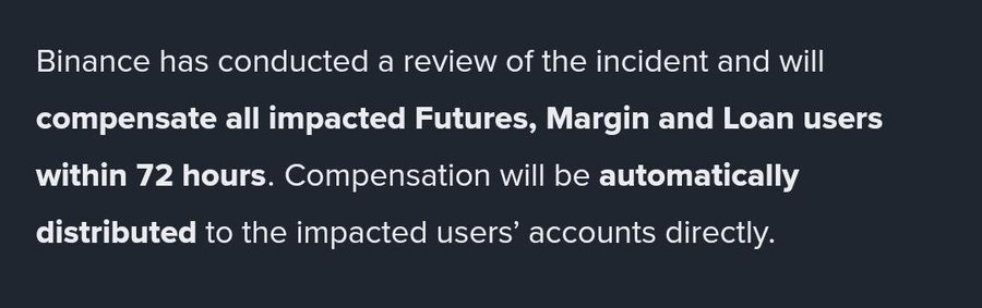 A text announcement on a dark background stating: 'Binance has conducted a review of the incident and will compensate all impacted Futures, Margin and Loan users within 72 hours. Compensation will be automatically distributed to the impacted users' accounts directly.'