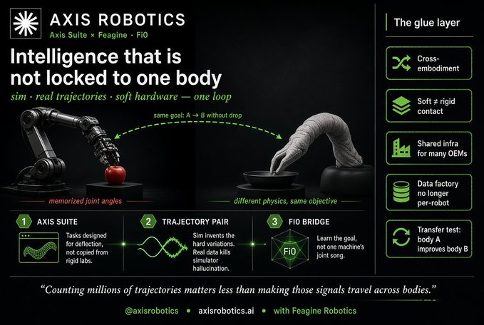An infographic for Axis Robotics promoting 'Intelligence that is not locked to one body,' featuring sim and real robotic arm trajectories with text like 'AXIS SUITE,' 'TRAJECTORY PAIR,' and 'FIO BRIDGE.'