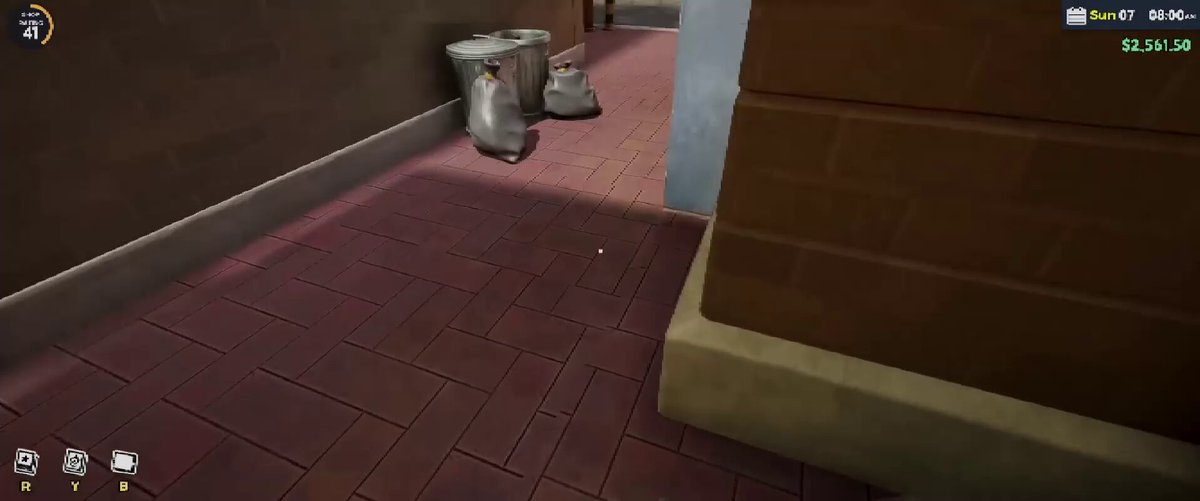 The image shows a scene from a video game featuring a red brick floor with two trash cans placed next to each other. The background includes a brown wall and a door. The caption reads "a lot of you ask what pokehome actually is. this is how the finished game is meant to look and feel." This suggests that the image is part of an advertisement or promotional material for the video game, showcasing its visual appeal and gameplay experience.