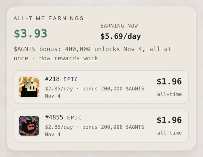 A dashboard showing ALL-TIME EARNINGS of $3.93 with EARNING NOW at $5.69/day, displaying two EPIC ranked items (#218 and #4855) each earning $1.96 all-time with $2.85/day.