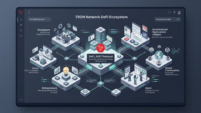 An isometric infographic displaying the 'TRON Network DeFi Ecosystem' and its various components like DeFi_JUST Protocol, Developers, and Users.