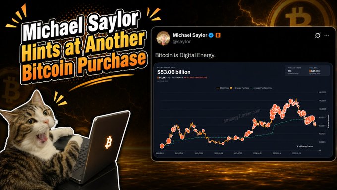 Thumbnail image titled 'Michael Saylor Hints at Another Bitcoin Purchase' featuring a shocked cat at a laptop, alongside his tweet 'Bitcoin is Digital Energy' and a $3.06 billion chart.