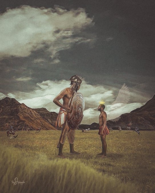 A digital artwork depicts a towering warrior with a shield and helmet facing a smaller, slender figure with a glowing halo on a grassy plain under a cloudy sky.