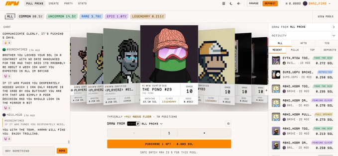 A screenshot of a digital NFT marketplace (likely Lookingglass) showing various pixelated character cards for sale, with a chat window on the left and purchase options for 'THE POND' item at 0.049 SOL.