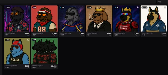 A NFT marketplace display showing a collection of cartoon dog characters (Cabbage/Clutch Puppy) in various themed outfits with prices listed below each card.