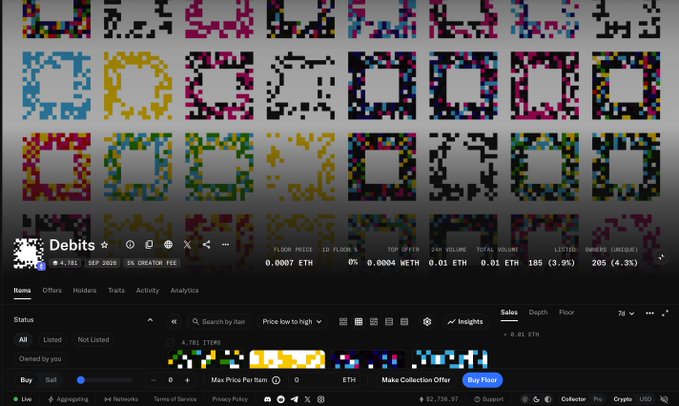 A screenshot of the OpenSea NFT marketplace showing the "Debits" collection with 4,781 items, displaying a floor price of 0.0007 ETH and total volume of 0.01 ETH, featuring colorful pixelated square-art tokens. The post relates to the image by discussing Debits collection trading activity, mint price of 0.024 ETH, and Credit floor price of 0.027 ETH on OpenSea.
