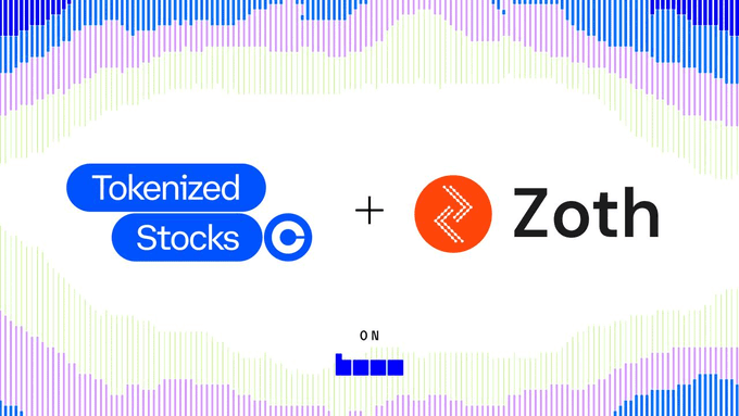 The image announces a partnership between Tokenized Stocks and Zoth, displayed side-by-side with a plus sign against a decorative blue and purple background, along with the word "ON" appearing above a logo at the bottom—visually reinforcing the post's message that tokenized stocks are now coming onchain through Zoth's zVaults on Base.
