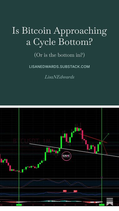 A financial graphic titled 'Is Bitcoin Approaching a Cycle Bottom? (Or is the bottom in?)' by LisaNEdwards on lisanedwards.substack.com, featuring a candlestick chart.