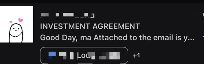 An email preview shows the subject line "INVESTMENT AGREEMENT" with the text "Good Day, ma Attached to the email is y..." alongside a cartoon character avatar.