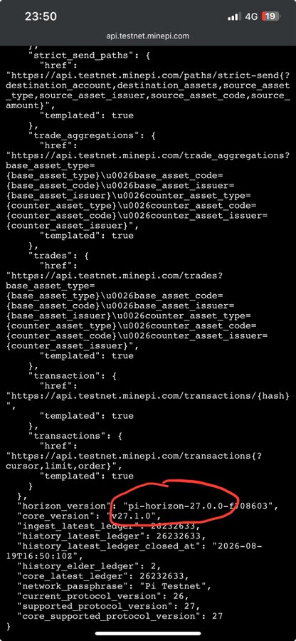 A screenshot of a mobile browser displaying JSON data from api.testnet.minepi.com, showing API endpoint configurations for Pi Network testnet, with a red circle highlighting "pi-horizon-27.0.0-f908603" in the horizon version field, supporting the caption's call to decentralize Pi Network.